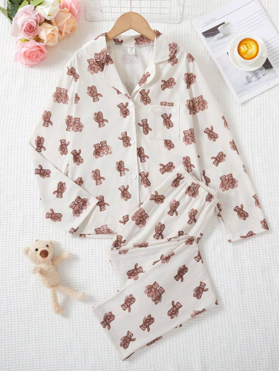 Tween Girl 2pcs Set Novelty Pattern Comfortable Pajama Set For Fall/Winter - Apricot - View 1