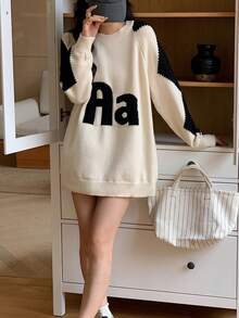 Fashionable Pullover Sweater With Round Neckline And Front Letter Design - Beige - View 4