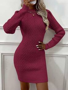 SHEIN LUNE 高領項鍊針織毛衣裙 - 酒紅色 - 查看 5