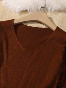 SHEIN Clasi Contrast Lace Sleeve Sweater Dress - Coffee Brown - View 4