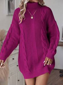 EMERY ROSE Turtleneck Cable Knit Drop Shoulder Sweater Dress Fall Winter Cloth For Women - Hot Pink - View 3
