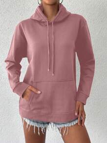 EURMUSE Women's Solid Color Drawstring Hoodie - Dusty Pink - View 4