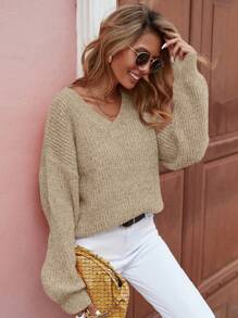SHEIN LUNE Cổ v Thả vai Áo len - Màu Khaki - Xem 1