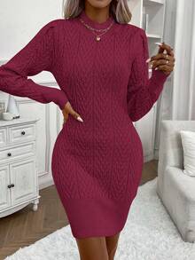 SHEIN LUNE 高領項鍊針織毛衣裙 - 酒紅色 - 查看 4