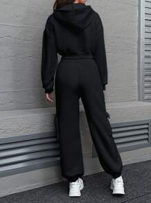 SHEIN Unity Của phụ nữ Dây kéo mặt trước Hoodie Và Eo dây rút Quần Cargo Bộ - màu đen - Xem 2