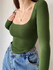 休閒不對稱純色女士T恤 - 綠色 - 查看 4