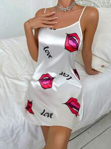 Satin Alphabet & Lips Printed Cami Pajama Dress For Sleeping Sleep Dresscute Dress For Womensilk Night Dress - White - View 4