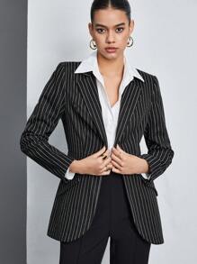 BizChic 女用條紋西裝外套（無腰帶） - 深灰色 - 查看 5