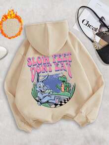 SHEIN EZwear Sudadera Con Capucha Impresa Con La Carrera De Tortuga Y Conejo En Dibujos Animados Lindo - Albaricoque - Ver 1