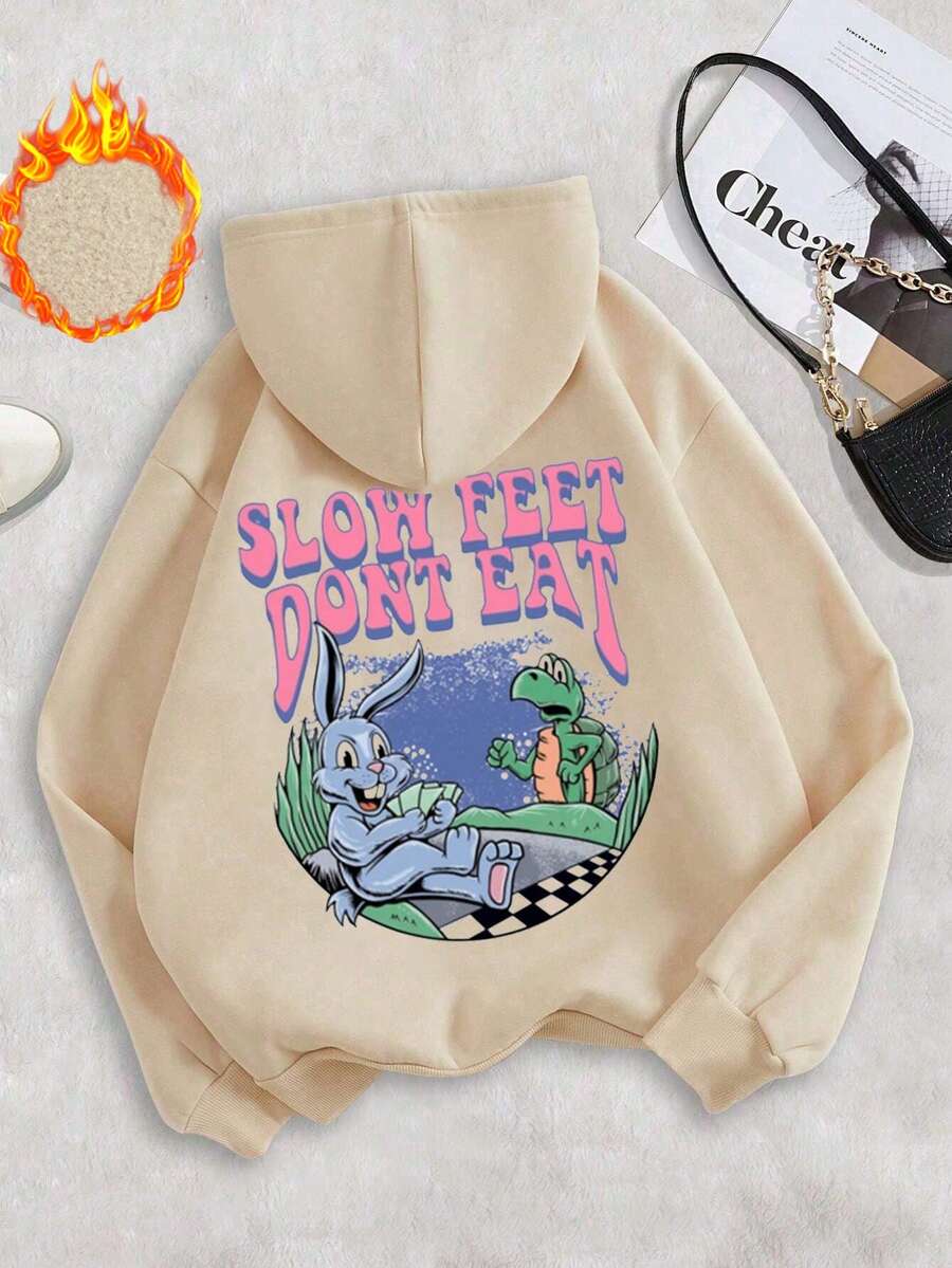 SHEIN EZwear Sudadera Con Capucha Impresa Con La Carrera De Tortuga Y Conejo En Dibujos Animados Lindo - Albaricoque - Ver 1