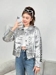 Teen Girls' Single-breasted Word Printed Overcoat With Button & Stitch Details For Warmth - Silver - View 1