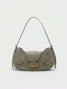 ROMWE Grunge Punk Vintage Green Patchwork Shoulder Bag, School - Army Green - View 3