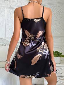 仿真絲印花花卉吊帶睡裙 - 黑色 - 查看 2