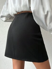 EURMUSE Women's Solid Color High Slit Skirt - Black - View 2