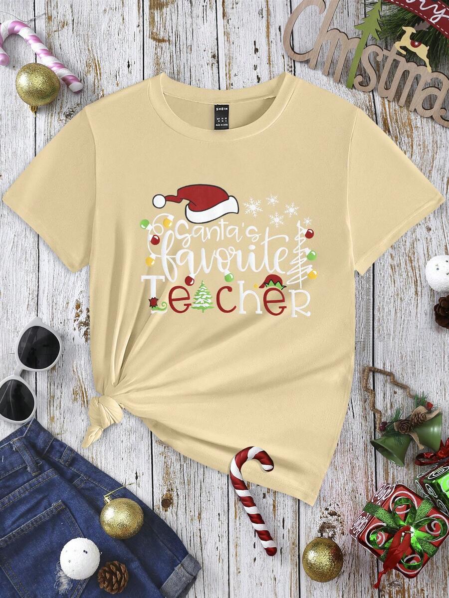 SHEIN Essnce 聖誕印花短袖t卹 - 杏色 - 查看 1