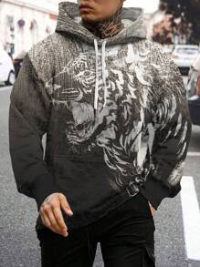 Manfinity LEGND Men's Animal Printed Drawstring Hoodie - Black and White - View 1