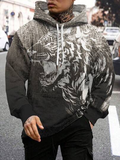 Manfinity Roughcore Sudadera Con Estampado De Animales Y Cordón Para Hombres