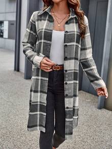 SHEIN Essnce Plaid Print Button-down Long Shirt - Black and White - View 6