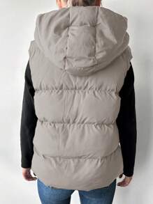 EURMUSE Solid Sleeveless Padded Jacket For Women With Hood And Drawstring - Apricot - View 2