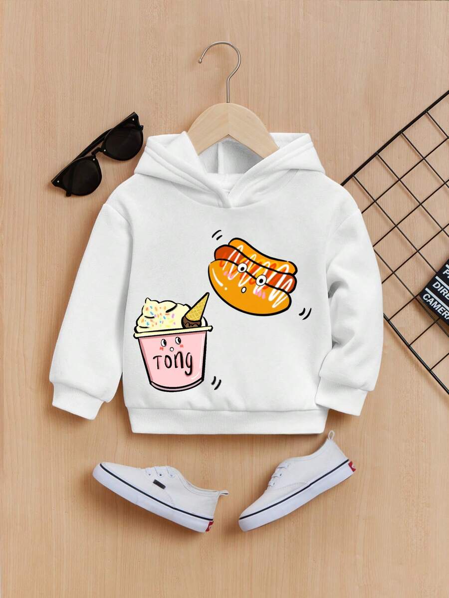 嬰兒女孩休閒卡通圖案長袖連帽衫,適用於秋冬季節