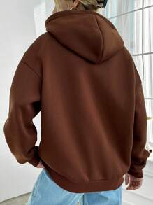 EURMUSE Cartoon And English Printed Drop Shoulder Hooded Sweatshirt - Coffee Brown - View 3