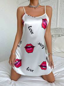 Satin Alphabet & Lips Printed Cami Pajama Dress For Sleeping Sleep Dresscute Dress For Womensilk Night Dress - White - View 3