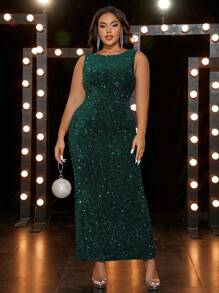 Plus Size Women's Backless Sequin Dress - Green - View 4