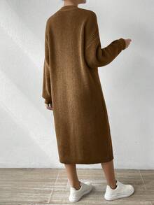 SHEIN Essnce 圓領落肩袖毛衣連身裙 - 咖啡棕 - 查看 2