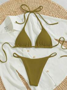 SHEIN Swim Conjunto de bikini de triángulo con tirantes Halter para playa en verano - Verde - Ver 4