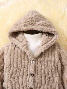 SHEIN Young Girls Warm Hooded Jacket Ripped And Flared Jeans Two-Piece Set - Khaki - View 5