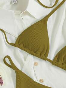 SHEIN Swim Conjunto de bikini de triángulo con tirantes Halter para playa en verano - Verde - Ver 5