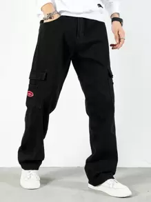 Claim Dot Men Cotton Embroidery Flap Pockets Cargo Jeans - Black - View 5