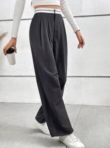 SHEIN Frenchy Tương phản Eo quần ống rộng Quần tây - Nhiều màu - Xem 1