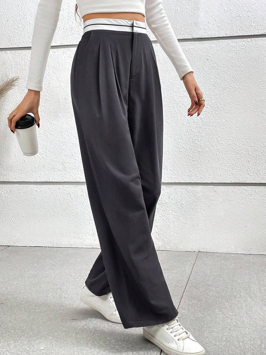 SHEIN Frenchy Tương phản Eo quần ống rộng Quần tây - Nhiều màu - Xem 1