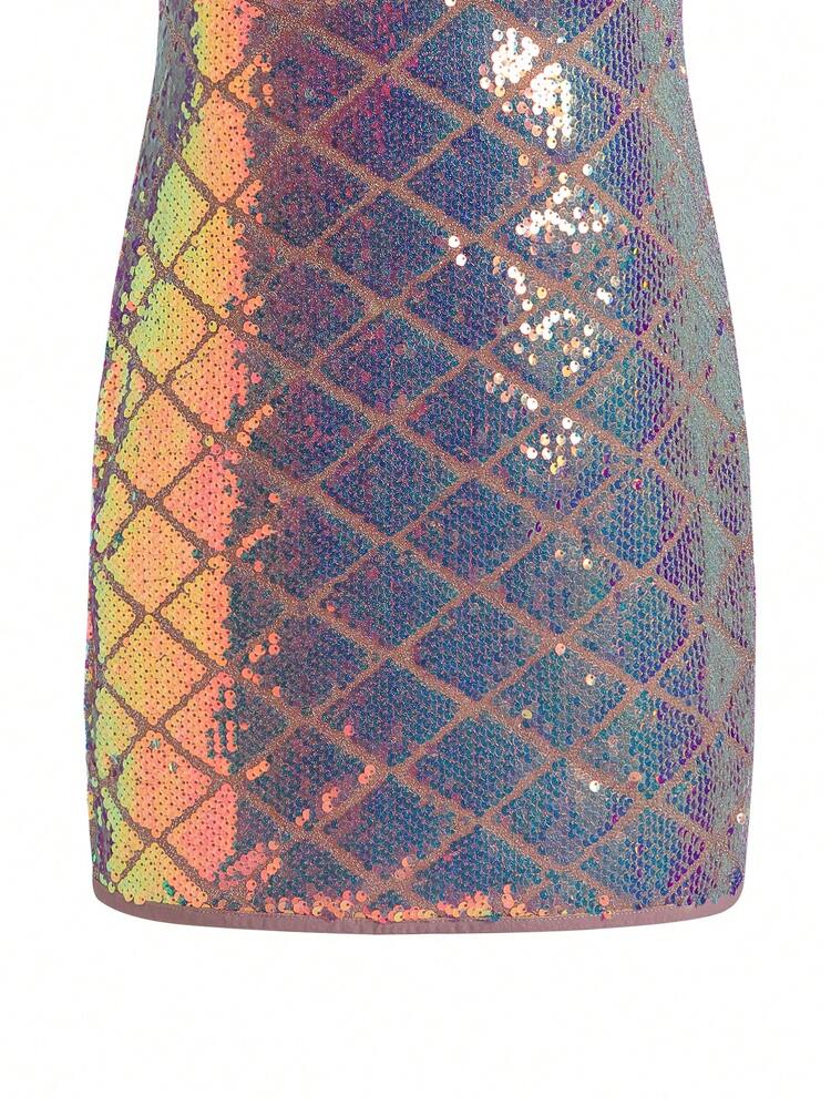 Teen Girls' High-End Elegant Full Sequined Cocktail Dress, Suitable For Performances, Parties, And Birthdays, Autumn And Winter