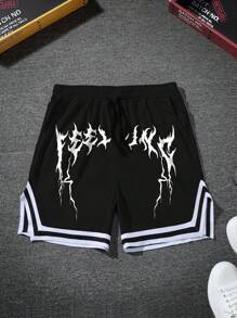 Manfinity LEGND 男士宽松条纹下摆短裤，腰部抽绳图案外出篮球短裤，适合送给丈夫或男朋友的礼物，emo，2000 年代风格 - 黑色 - 查看 2