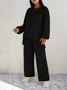 EURMUSE Plus Size Solid Color Asymmetrical Hem Top And Loose Pants 2pcs/Set - Black - View 4