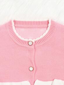 Em bé Cô gái Chấm bi Cổ tròn Áo len Mở Với Ruffled Cắt tỉa - Hồng - Xem 5