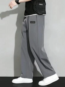 Men's Drawstring Waist Pants With Letter Detail Patch - Grey - View 1