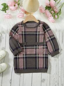 SHEIN Toddler Girls' Plaid Jacquard Double Pocket Round Neck Sweater Dress