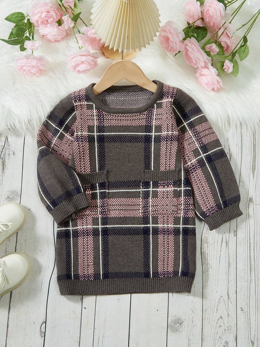 SHEIN Toddler Girls' Plaid Jacquard Double Pocket Round Neck Sweater Dress