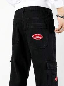Claim Dot Men Cotton Embroidery Flap Pockets Cargo Jeans - Black - View 7