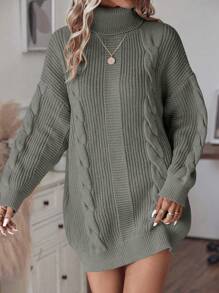 EMERY ROSE Women's High Neck Drop Shoulder Sweater Dress Fall Winter Cloth For Women - Army Green - View 5