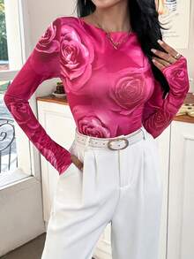 SHEIN Privé 印花船領T恤帶拇指孔 - 彩色 - 查看 4