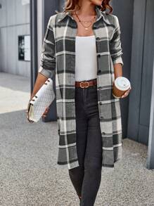 SHEIN Essnce Plaid Print Button-down Long Shirt - Black and White - View 1
