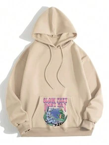 SHEIN EZwear Sudadera Con Capucha Impresa Con La Carrera De Tortuga Y Conejo En Dibujos Animados Lindo - Albaricoque - Ver 2