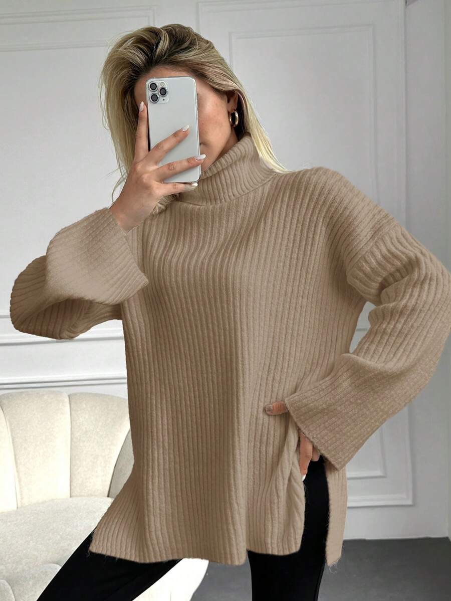 EURMUSE High Neck Drop Shoulder Slit Hem Sweater - Camel - View 1