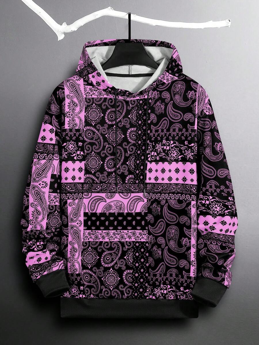 Manfinity EMRG Lỏng lẻo phù hợp Nam In hoa Paisley Dây rút Hoodie - màu đen - Xem 1