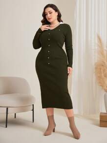 Modelyn 大尺碼紐扣毛衣連身裙 - 軍綠色 - 查看 4