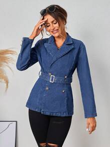 Belted Slim Fit Turn-down Collar Denim Jacket - Blue - View 4